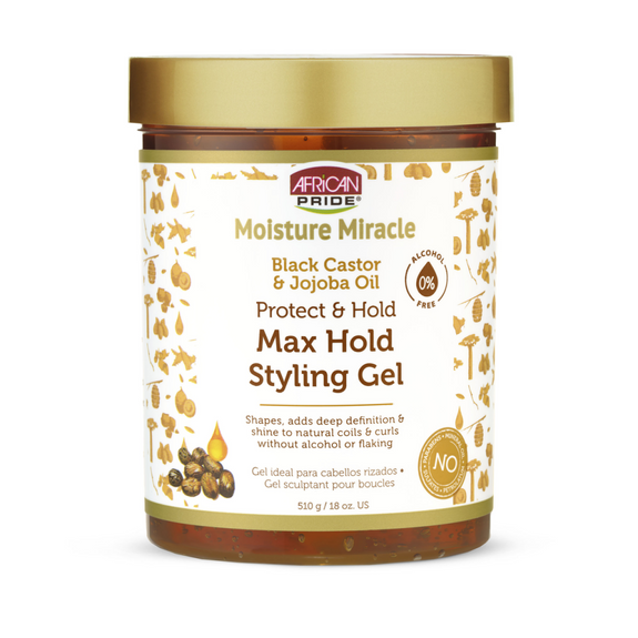 AFRICAN PRIDE MOISTURE MIRACLE BLACK CASTOR & JOJOBA OIL MAX HOLD STYLING GEL, 18OZ