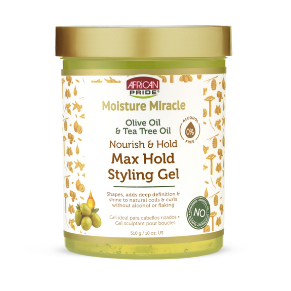 AFRICAN PRIDE MOISTURE MIRACLE OLIVE OIL & TEA TREE OIL MAX HOLD STYLING GEL, 18OZ