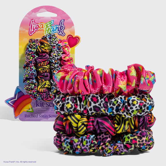 KITSCH  Lisa Frank x Kitsch Ruched Satin Scrunchies in Rainbow Leopard