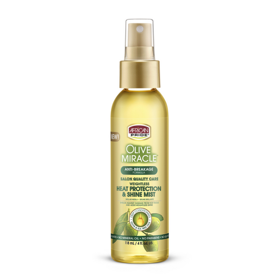 AFRICAN PRIDE OLIVE MIRACLE HEAT PROTECTANT & SHINE MIST, 4FL OZ