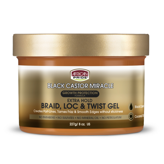 AFRICAN PRIDE BLACK CASTOR MIRACLE BRAID, LOC & TWIST GEL, 8OZ