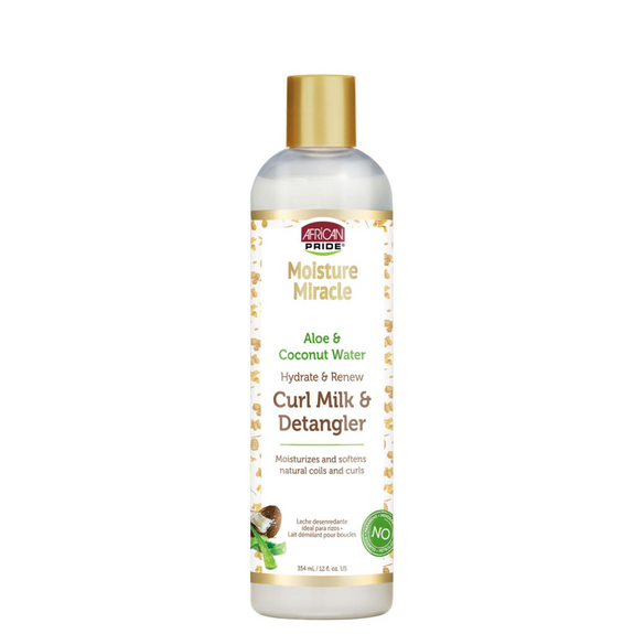 AFRICAN PRIDE MOISTURE MIRACLE ALOE & COCONUT WATER CURL MILK & DETANGLER, 12FL OZ