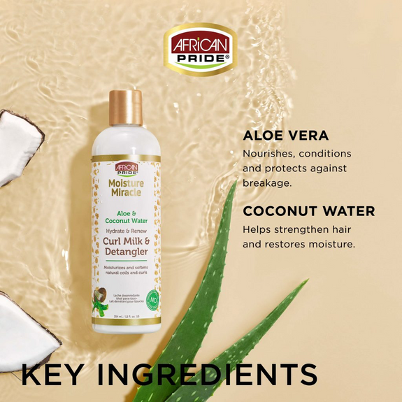 AFRICAN PRIDE MOISTURE MIRACLE ALOE & COCONUT WATER CURL MILK & DETANGLER, 12FL OZ