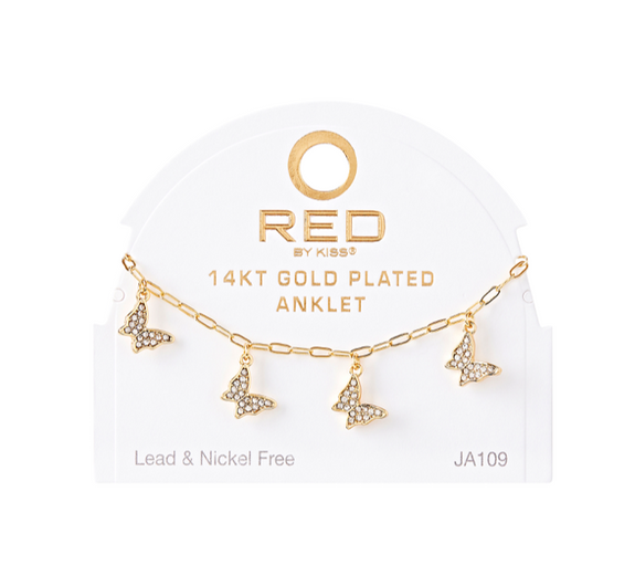 RED BY KISS 14 KT GOLD PLATED GLAM FAHION ANKLET STONE BUTTERFLY
