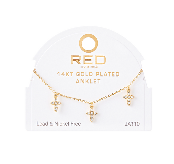 RED BY KISS 14 KT GOLD PLATED GLAM FAHION ANKLET STONE CROSS