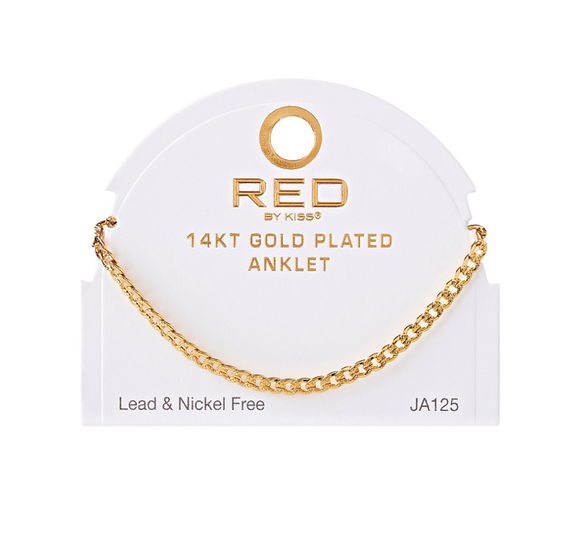 RED BY KISS 14 KT GOLD PLATED GLAM FAHION ANKLET CURB TX 4MM