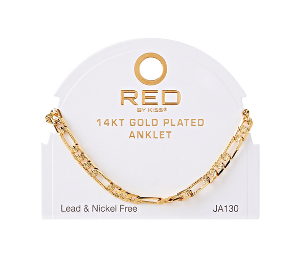 RED BY KISS 14 KT GOLD PLATED GLAM FAHION ANKLET FIGARO TX 5.2MM