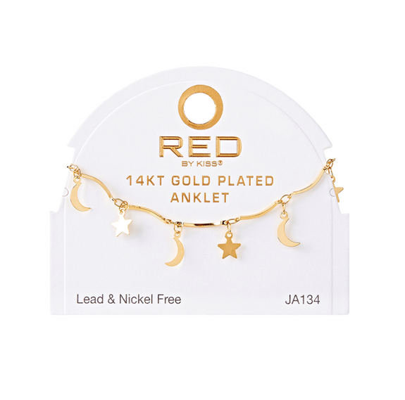 RED BY KISS 14 KT GOLD PLATED GLAM FAHION ANKLET CHARM MOON & STAR