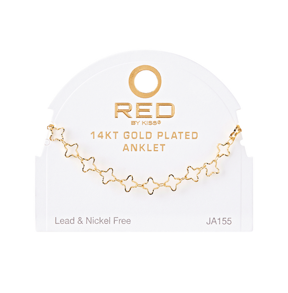 RED BY KISS 14 KT GOLD PLATED GLAM FAHION ANKLET LINKED CLOVER