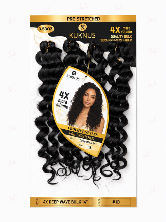 Kuknus Pre Stretched 100% Peruvian Remy Quality 4x Deep Wave Bulk 14"