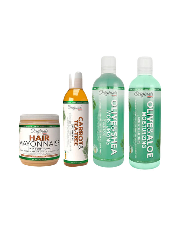 AFRICA'S BEST OG BEST SELLERS BUNDLE Hair Mayonnaise Deep Conditioner, 15oz  Carrot & Tea-Tree Oil Therapy, 6oz  Olive & Shea Moisturizing Shampoo, 12oz    Olive & Aloe Moisturizing Growth Lotion, 12oz (45.0 oz)