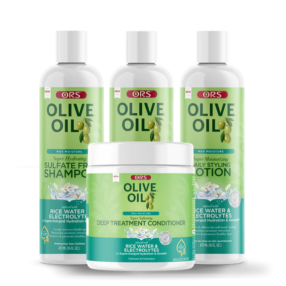 ORS OLIVE OIL MAX MOISTURE HYDRATING AND SOFTENING BUNDLE  Sulfate-Free Shampoo (16 oz ) Deep Treatment Conditioner (20 oz  Leave-In Conditioner (16 oz  Moisturizing Daily Styling Lotion (16 oz)  (68oz)