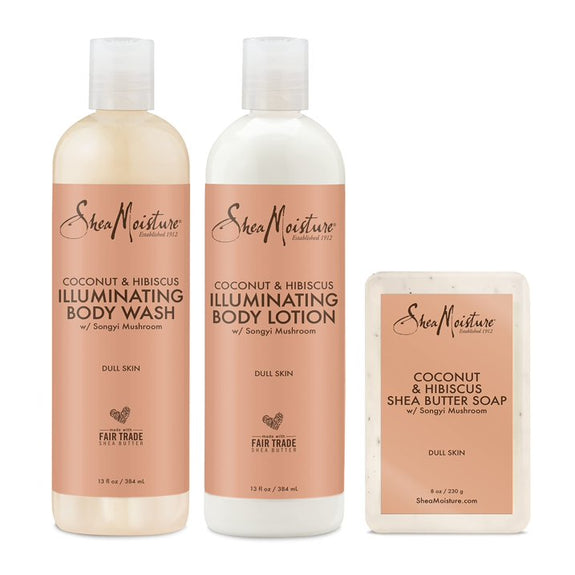 Sheamoisture Bath And Body Kit For Dry Skin Coconut And Hibiscus Illuminating Skin Care body wash 13 oz ,body lotion 13 0z ,soap 8 0z