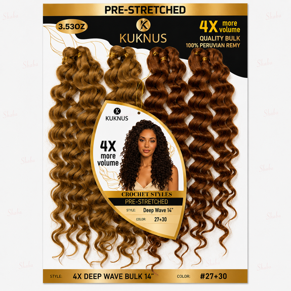 Kuknus Pre Stretched 100% Peruvian Remy Quality 4x Deep Wave Bulk 14"
