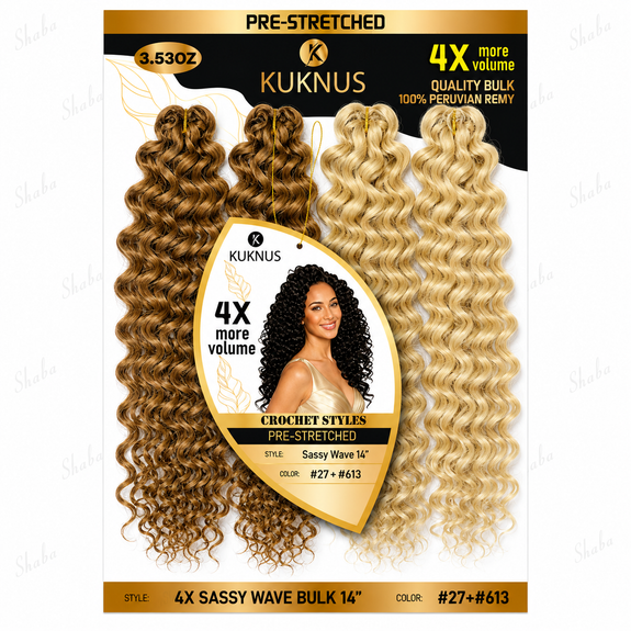 Kuknus Pre Stretched 100% Peruvian Remy Quality 4x Baby Sassy Bulk 14"