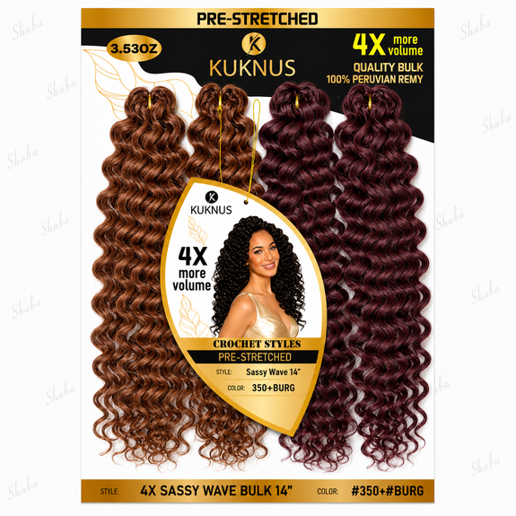 Kuknus Pre Stretched 100% Peruvian Remy Quality 4x Baby Sassy Bulk 14"