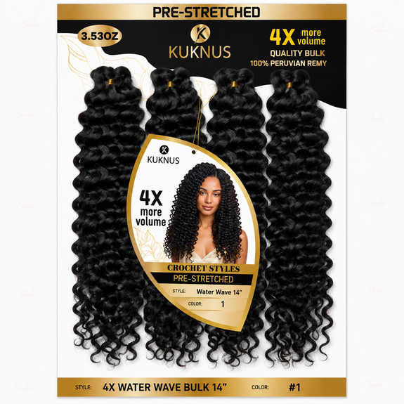 Kuknus Pre Stretched 100% Peruvian Remy Quality 4x Baby Water Wave Bulk 14"