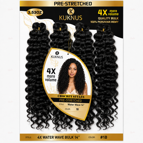 Kuknus Pre Stretched 100% Peruvian Remy Quality 4x Baby Water Wave Bulk 14"