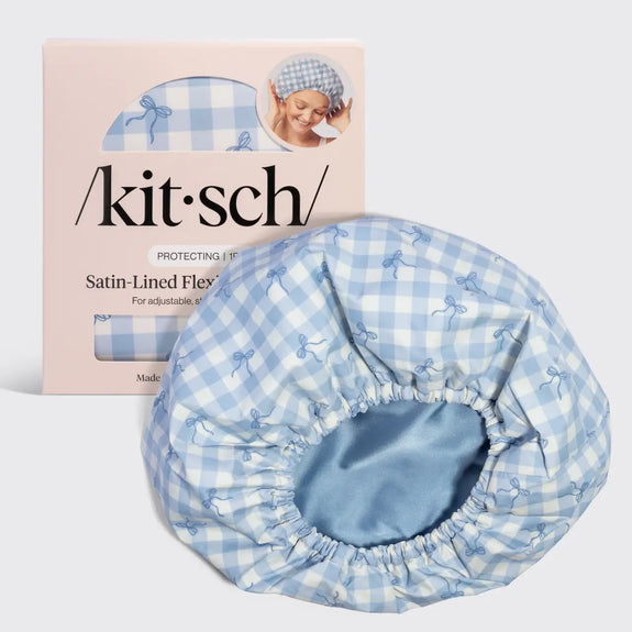 Kitsch Satin Lined Flexi Shower Cap Gingham Blue
