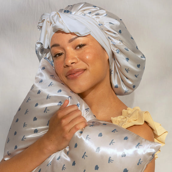 Kitsch Oversized Satin Bonnet - Pearlized Cream & Coastal Blue Print