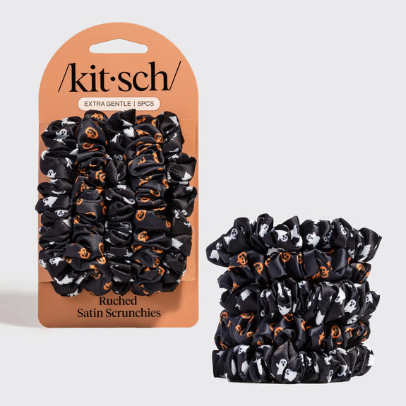 Kitsch Ruched Satin Scrunchies 5pc Set - Ghosts & Pumpkins
