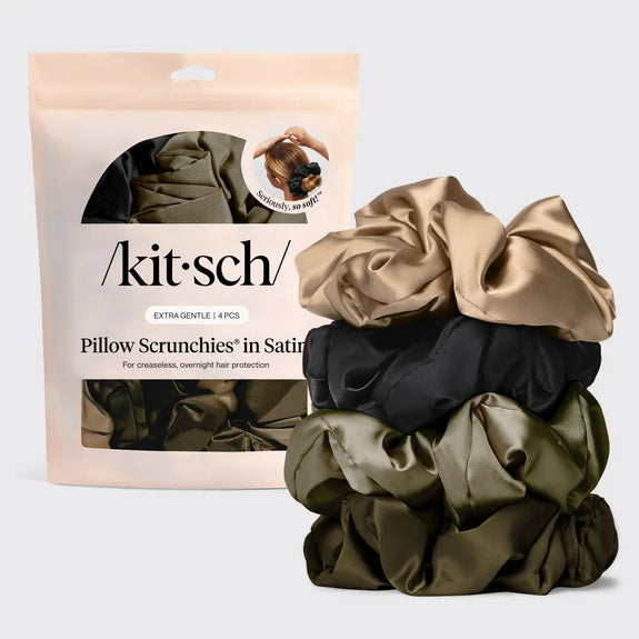 Kitsch Pillow Scrunchies in Satin 4pc - Black