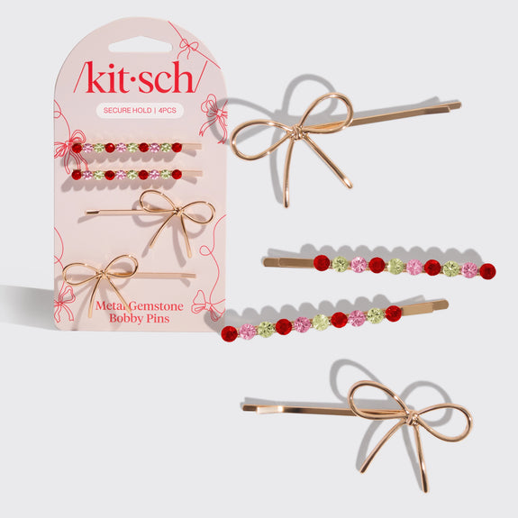 KITSCH Holiday Gemstone and Bow Bobby Pins 4pc Set