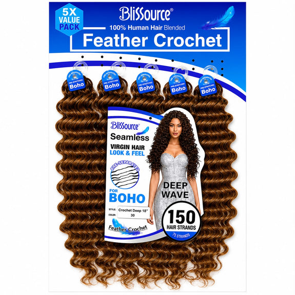 Blissource 100% Human Hair Blended Feather Crochet Boho Crochet Deep 18”