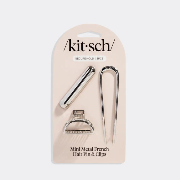 Kitsch Mini Metal French Hair Pin & Clips 3pc Set - Silver