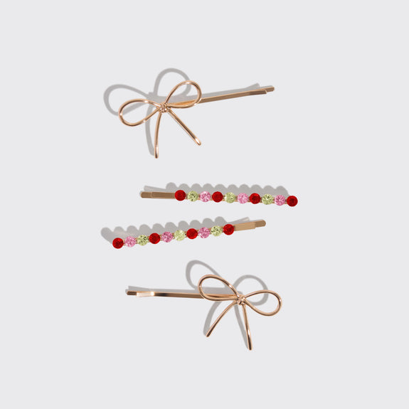 KITSCH Holiday Gemstone and Bow Bobby Pins 4pc Set