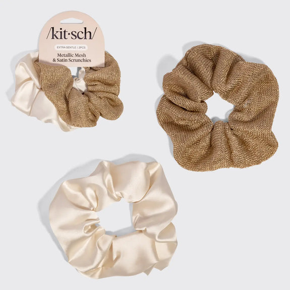 Kitsch Metallic Mesh and Recycled Fabric Satin Scrunchies 2pc Set - Cream & Gold