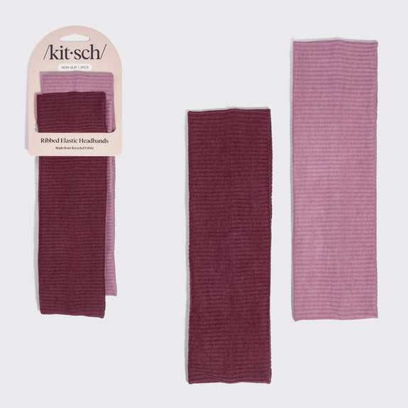 Kitsch Recycled Fabric Ribbed Elastic Headbands 2pc Set - Cherry Lacquer & Dusty Pink