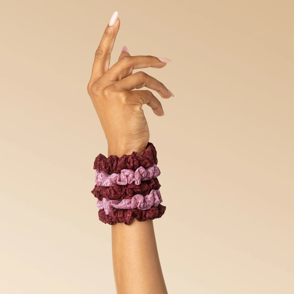 Kitsch Ruched Lace Scrunchies 5pc Set Cherry Lacquer & Dusty Pink