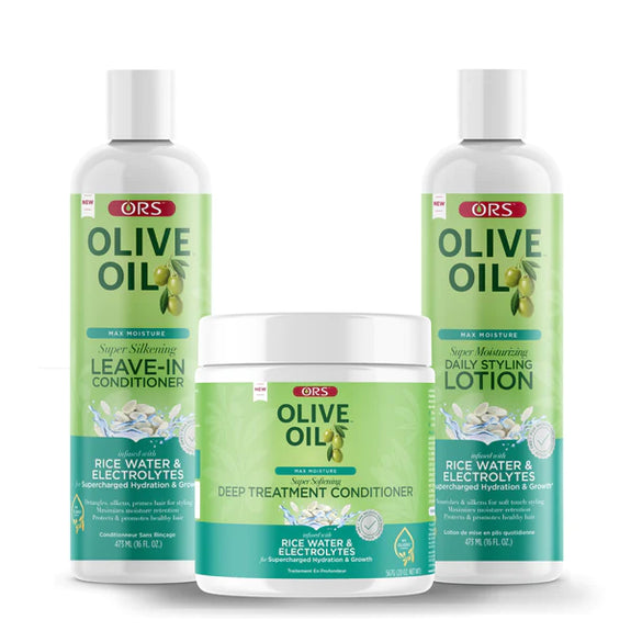 ORS OLIVE OIL MAX MOISTURE CONDITIONING AND SOFTENING BUNDLE (52.0 OZ) Moisture Daily Styling Lotion (16 oz)  Leave-In Conditioner (16 oz) Deep Conditioner (20 oz)