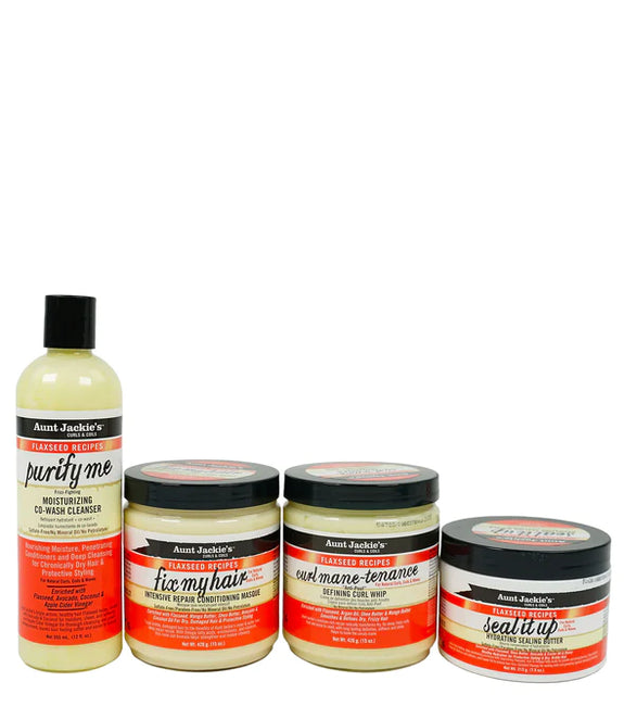 AUNTJACKIE'S The Perfect 911 Damage Repair Kit  [Aunt Jackie's Flaxseed Purify Me, 12oz Aunt Jackie's Flaxseed Fix My Hair, 15oz Aunt Jackie's Flaxseed Seal It Up, 7.5oz  Aunt Jackie's Flaxseed Curl Mane-Tenance, 15oz