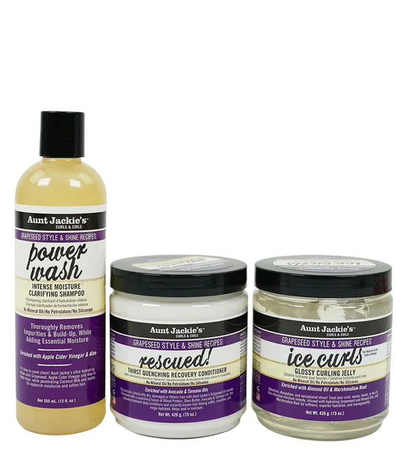 AUNTJACKIE'S  The Perfect Intense Define Bundle[Aunt Jackie's Grapeseed Power Wash Shampoo, 12oz  Aunt Jackie's Grapeseed Rescued Conditioner, 15oz Aunt Jackie's Grapeseed Ice Curls, 15oz]