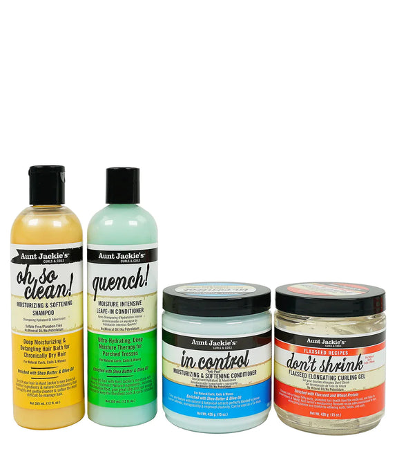 AUNT JACKIE'S The Perfect Wash n’ Go Kit Aunt Jackie's Oh So Clean Shampoo, 12oz  Aunt Jackie's In Control Conditioner, 15oz  Aunt Jackie's Quench Moisture Intensive Leave-In Conditioner, 12oz Aunt Jackie's Don't Shrink Flaxseed Curling Gel, 15oz